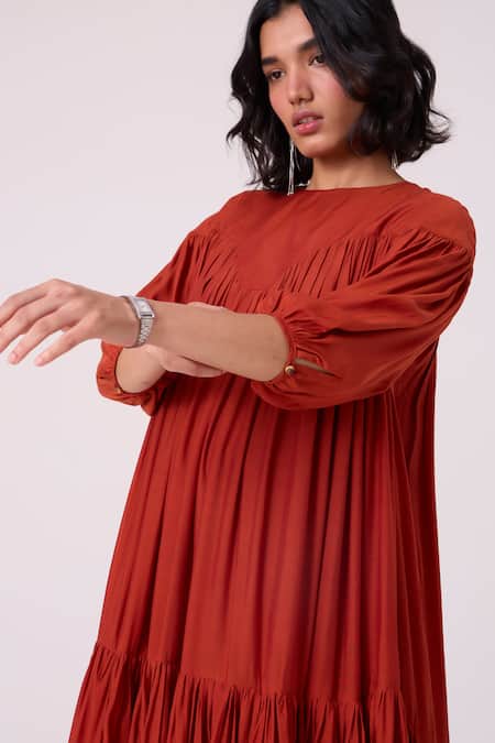 The Summer House_Brown Round Neck Zorka Gathered Tiered Dress _Online_at_Aza_Fashions