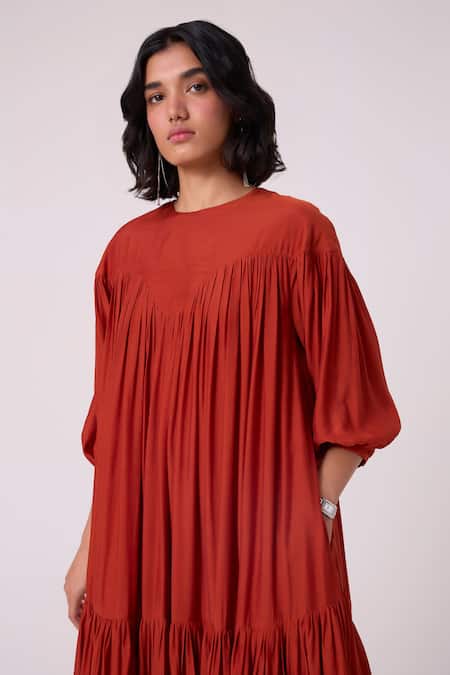 Buy_The Summer House_Brown Round Neck Zorka Gathered Tiered Dress _Online_at_Aza_Fashions