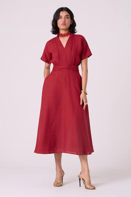 Shop_The Summer House_Red Linen V-neck Miyake Midi Dress _Online_at_Aza_Fashions