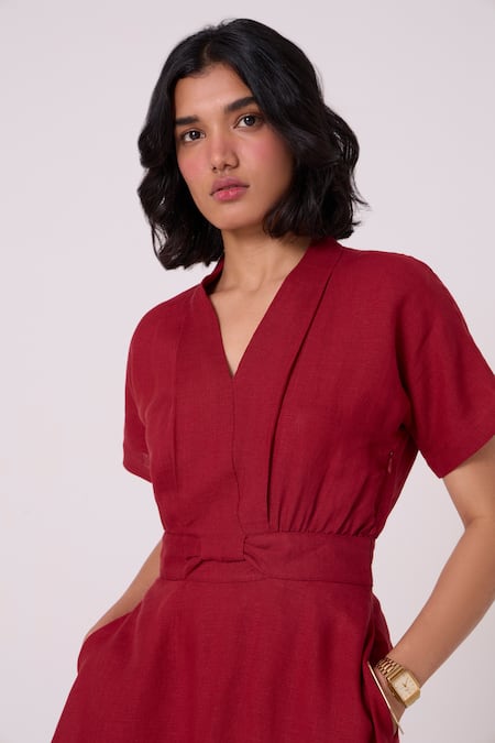 The Summer House_Red Linen V-neck Miyake Midi Dress _at_Aza_Fashions