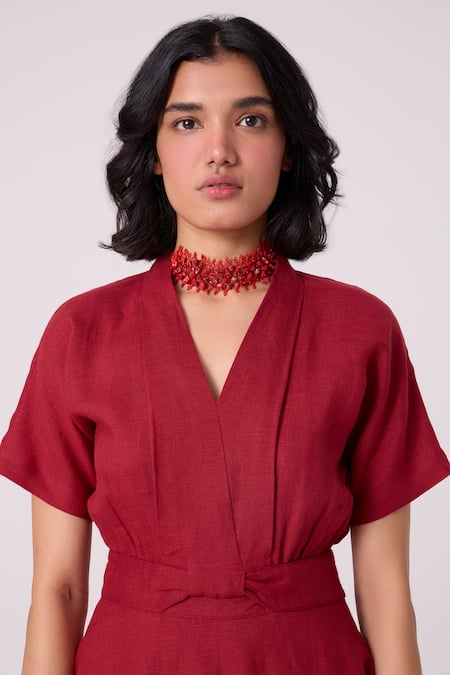 Buy_The Summer House_Red Linen V-neck Miyake Midi Dress 