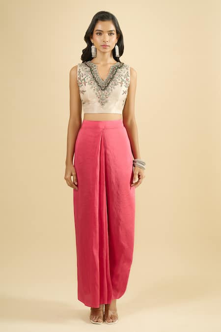 Prisho_Coral Embroidery, Beads, Sequins V-neck Blouse Draped Skirt Set _at_Aza_Fashions