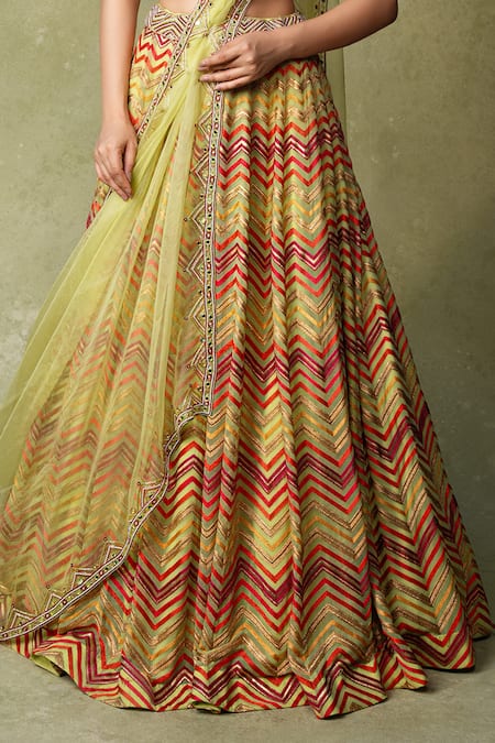 Buy_AMRIN KHAN_Green Organza, Silk Embroidery, Sequins, Chevron Motif Resham Lehenga Set _Online_at_Aza_Fashions