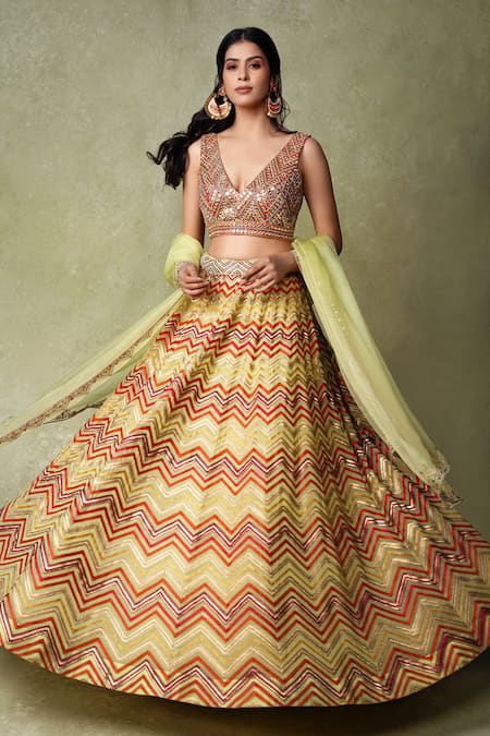 Shop_AMRIN KHAN_Green Organza, Silk Embroidery, Sequins, Chevron Motif Resham Lehenga Set _Online_at_Aza_Fashions