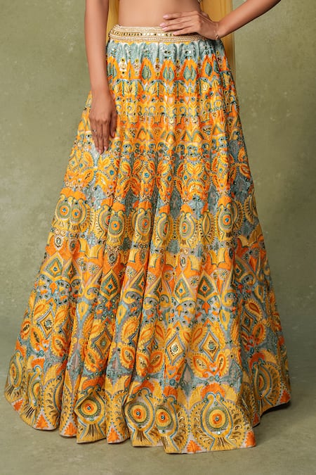 Buy_AMRIN KHAN_Yellow Organza, Georgette, Silk Embroidery, Beads, Motif Resham Work Lehenga Set _Online_at_Aza_Fashions