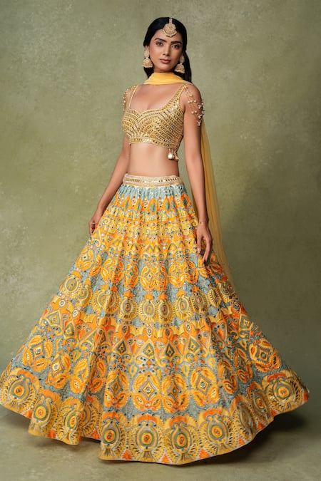 Shop_AMRIN KHAN_Yellow Organza, Georgette, Silk Embroidery, Beads, Motif Resham Work Lehenga Set _Online_at_Aza_Fashions