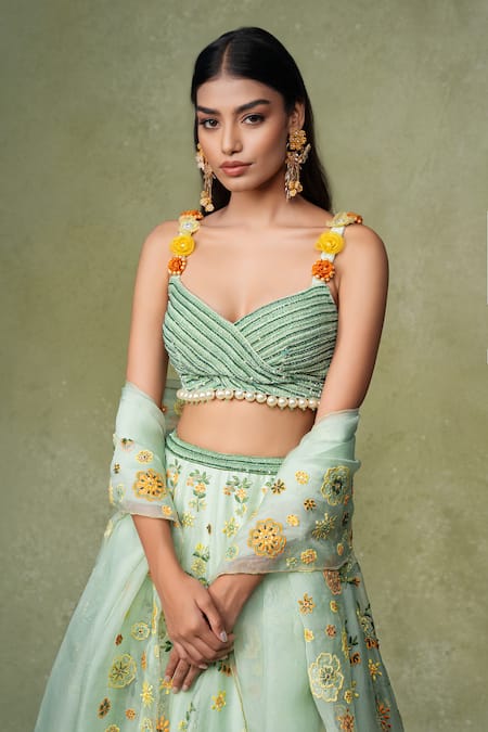 AMRIN KHAN Green Organza Applique, Embroidery, Sequins, Floral Patchwork Lehenga Blouse Set Online at Aza Fashions AMRIN KHAN_Green Organza Applique, Embroidery, Sequins, Floral Patchwork Lehenga Blouse Set _Online_at_Aza_Fashions