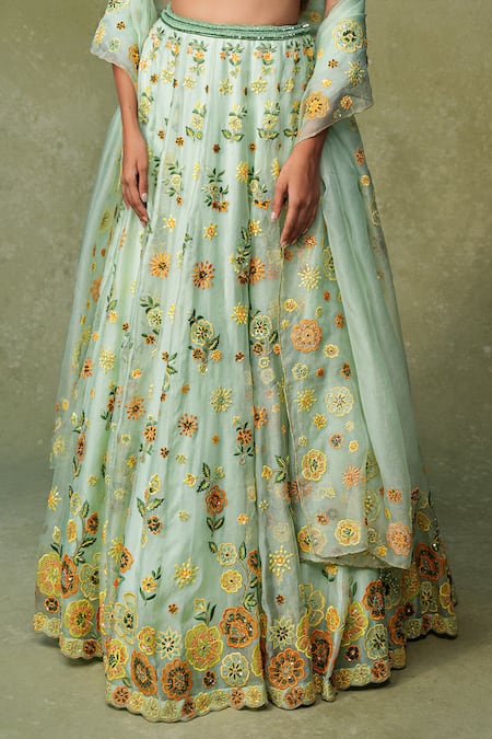 Buy AMRIN KHAN Green Organza Applique, Embroidery, Sequins, Floral Patchwork Lehenga Blouse Set Online at Aza Fashions Buy_AMRIN KHAN_Green Organza Applique, Embroidery, Sequins, Floral Patchwork Lehenga Blouse Set _Online_at_Aza_Fashions