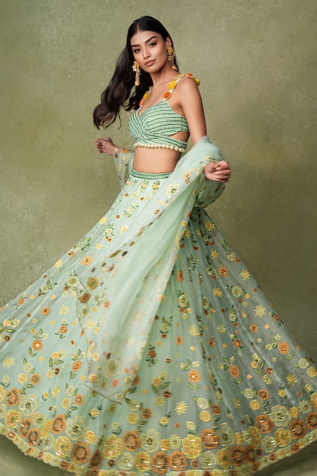 Shop AMRIN KHAN Green Organza Applique, Embroidery, Sequins, Floral Patchwork Lehenga Blouse Set Online at Aza Fashions Shop_AMRIN KHAN_Green Organza Applique, Embroidery, Sequins, Floral Patchwork Lehenga Blouse Set _Online_at_Aza_Fashions