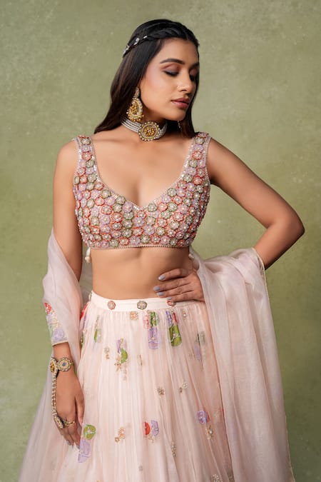 Shop_AMRIN KHAN_Pink Organza Embroidery, Pearls, Beads V-neck Floral Lehenga Set _Online_at_Aza_Fashions