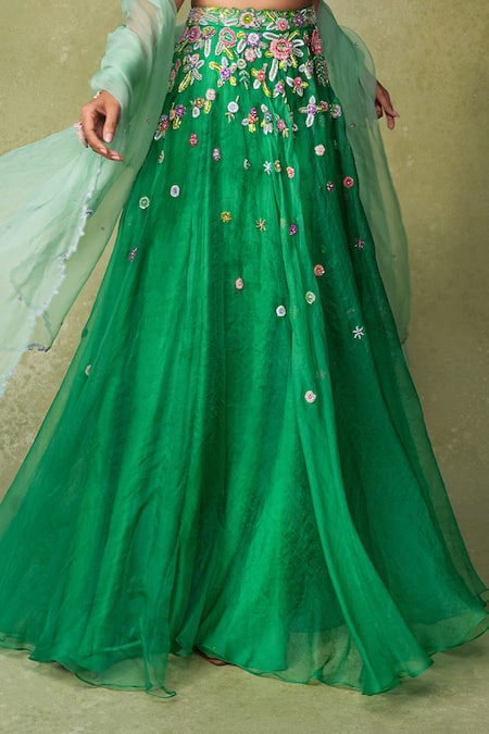 AMRIN KHAN Green Organza Sequins, Beads, Crystals, Embroidery V-neck Lehenga Set Online at Aza Fashions AMRIN KHAN_Green Organza Sequins, Beads, Crystals, Embroidery V-neck Lehenga Set _Online_at_Aza_Fashions