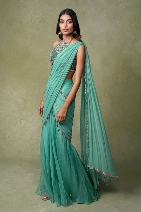 AMRIN KHAN_Mint Georgette, Chiffon, Organza, Silk Sequins, Pre-draped Saree And Blouse Set _Online_at_Aza_Fashions