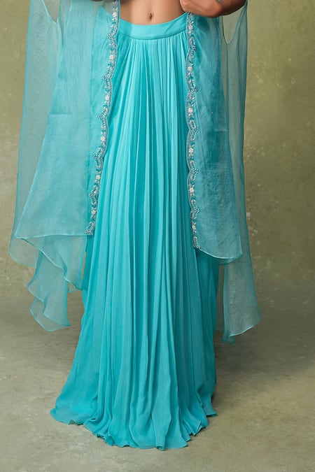 AMRIN KHAN_Aqua Velvet, Georgette Sequins, Beads Open Neck, Embroidered Bustier Skirt Set _Online_at_Aza_Fashions