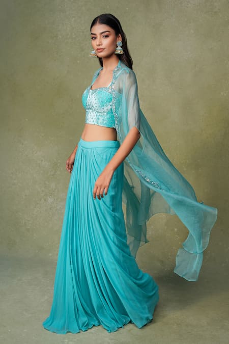 Buy_AMRIN KHAN_Aqua Velvet, Georgette Sequins, Beads Open Neck, Embroidered Bustier Skirt Set _Online_at_Aza_Fashions