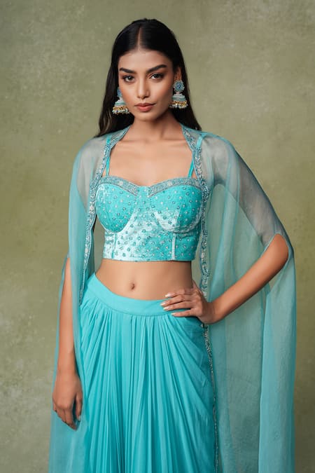Shop_AMRIN KHAN_Aqua Velvet, Georgette Sequins, Beads Open Neck, Embroidered Bustier Skirt Set _Online_at_Aza_Fashions