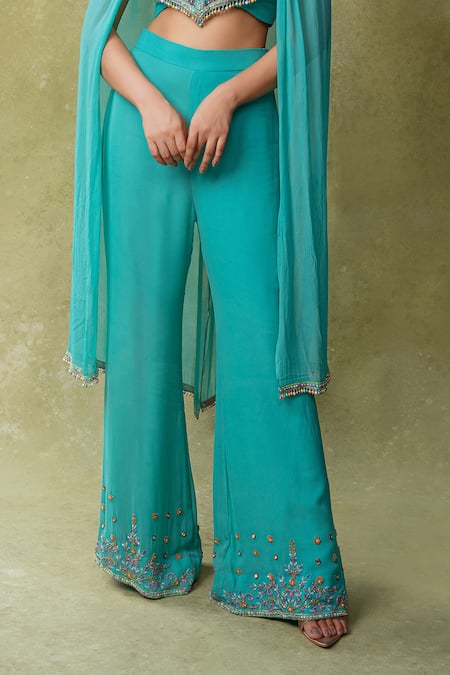 AMRIN KHAN_Aqua Silk, Georgette Beads, Sequins, Embroidery High Neck, Corset Pant Set _Online_at_Aza_Fashions