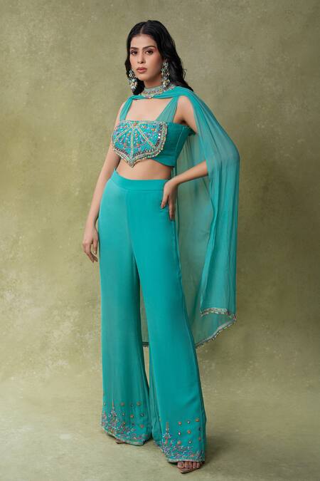 Buy_AMRIN KHAN_Aqua Silk, Georgette Beads, Sequins, Embroidery High Neck, Corset Pant Set _Online_at_Aza_Fashions
