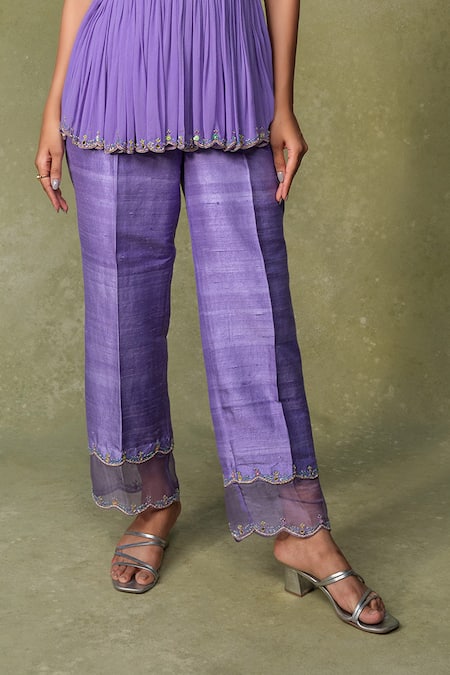 AMRIN KHAN_Purple Georgette, Silk, Organza Mirrors, Beads, And Cutdana Peplum Kurta Set _Online_at_Aza_Fashions