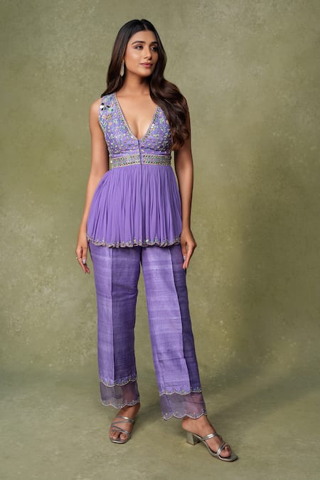 Shop_AMRIN KHAN_Purple Georgette, Silk, Organza Mirrors, Beads, And Cutdana Peplum Kurta Set _Online_at_Aza_Fashions