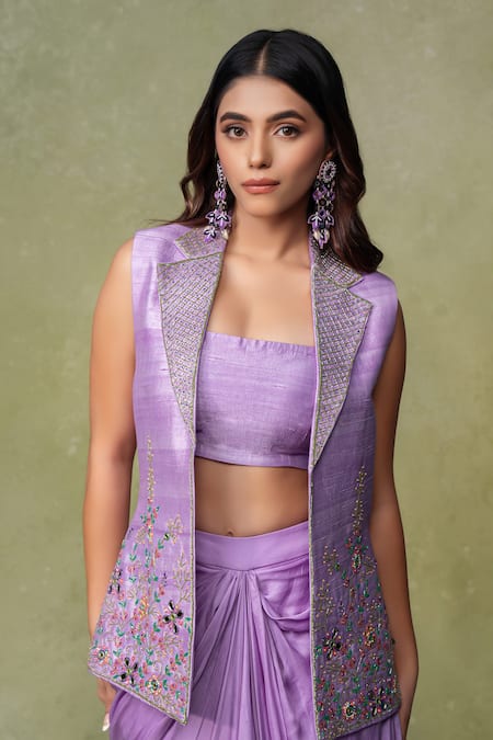Buy_AMRIN KHAN_Purple Modal, Satin, Silk Embroidery, Mirrors Floral Jacket Skirt Set _Online_at_Aza_Fashions