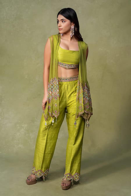 AMRIN KHAN Asymmetrical Mirror Work Jacket Pant Set 