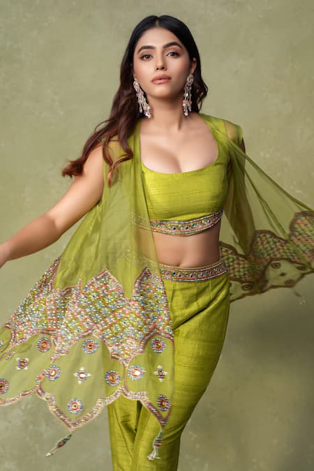 Buy_AMRIN KHAN_Lime Organza, Silk Mirrors, Beads, Tassels Asymmetrical Work Jacket Pant Set _Online_at_Aza_Fashions