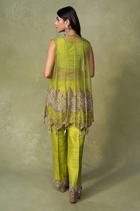 AMRIN KHAN Asymmetrical Mirror Work Jacket Pant Set 