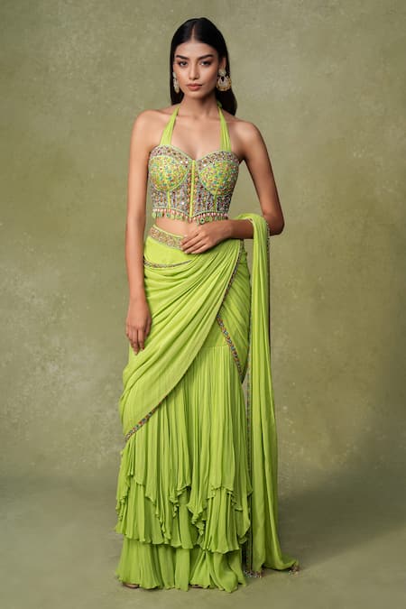 Buy AMRIN KHAN Green Georgette, Silk Beads, Mirrors, Tiered Pre-draped Saree And Blouse Set Online at Aza Fashions Buy_AMRIN KHAN_Green Georgette, Silk Beads, Mirrors, Tiered Pre-draped Saree And Blouse Set _Online_at_Aza_Fashions