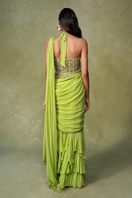 AMRIN KHAN Tiered Pre-Draped Saree & Embroidered Blouse Set 
