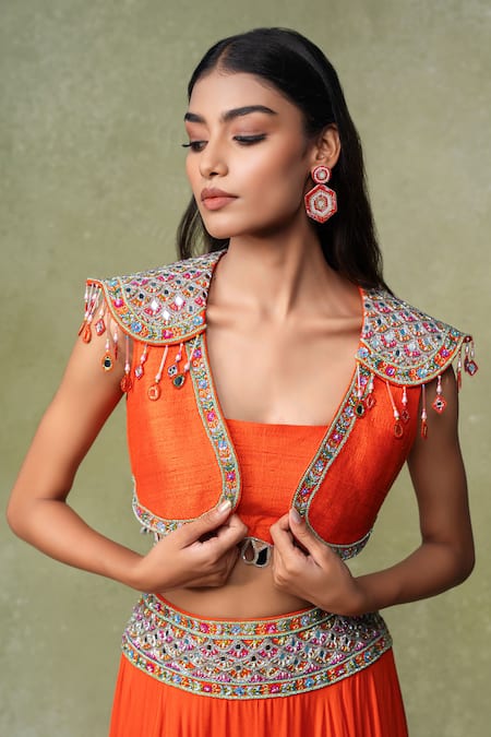 Buy_AMRIN KHAN_Orange Georgette Mirrors, Beads Open Neck, Structured Cape And Layered Skirt Set _Online_at_Aza_Fashions