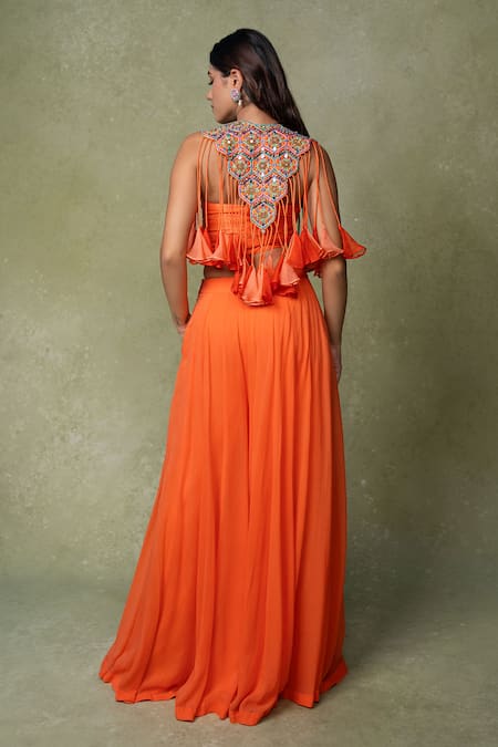 AMRIN KHAN Embroidered Bib Crop Top & Palazzo Set 