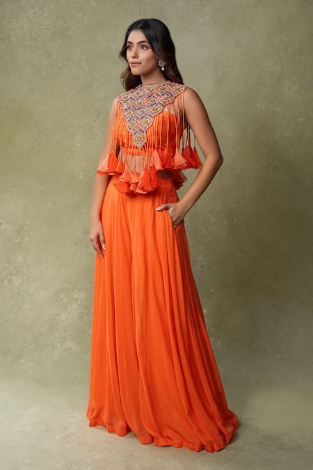 AMRIN KHAN_Orange Georgette, Silk Embroidery, Beads, Mirrors, Bib Crop Top And Palazzo Set _Online_at_Aza_Fashions