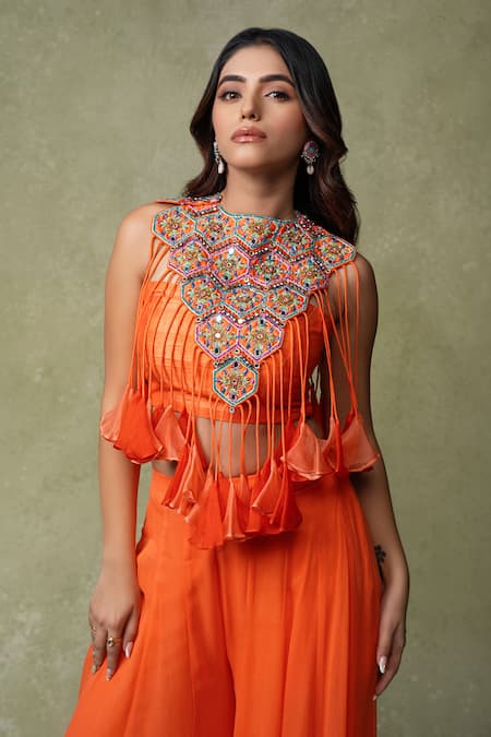 Buy_AMRIN KHAN_Orange Georgette, Silk Embroidery, Beads, Mirrors, Bib Crop Top And Palazzo Set _Online_at_Aza_Fashions