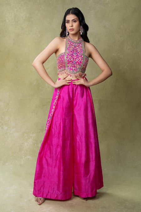 AMRIN KHAN Mirror Embroidered Halter Crop Top & Pant Set 