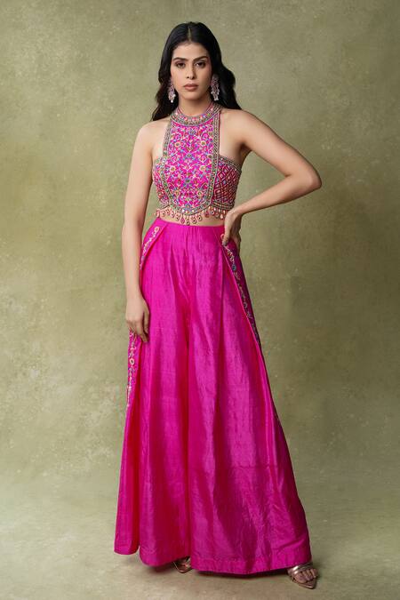 AMRIN KHAN_Pink Dupion Mirrors, Beads, Embroidery Halter Neck Crop Top And Pant Set _Online_at_Aza_Fashions