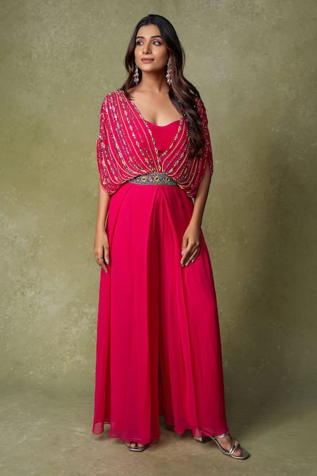 AMRIN KHAN Drape Style Cape Mirror Cutdana Jumpsuit 
