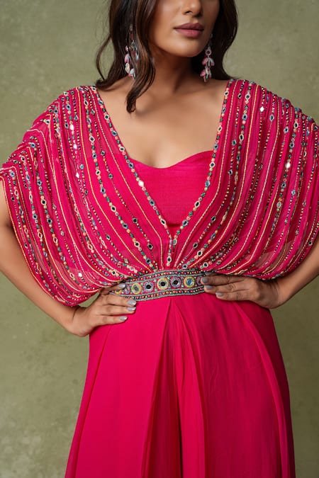 Buy_AMRIN KHAN_Pink Georgette, Silk Mirrors V-neck Drape Style Cape Cutdana Jumpsuit _Online_at_Aza_Fashions