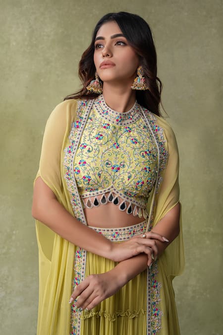 Buy_AMRIN KHAN_Yellow Georgette, Silk Embroidery, Mirrors, Stones Tiered Lehenga And Blouse Set _Online_at_Aza_Fashions