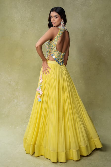 AMRIN KHAN Floral Cutdana Work Blouse & Flared Lehenga Set 