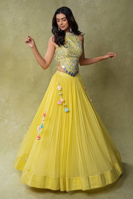 AMRIN KHAN_Yellow Chiffon, Silk Tassels, Floral Cutdana Work Blouse And Flared Lehenga Set _Online_at_Aza_Fashions