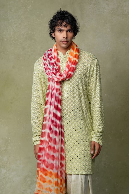 Buy_AMRIN KHAN_Green Silk Mirrors, Pom-poms Work Kurta Patiala Set _Online_at_Aza_Fashions