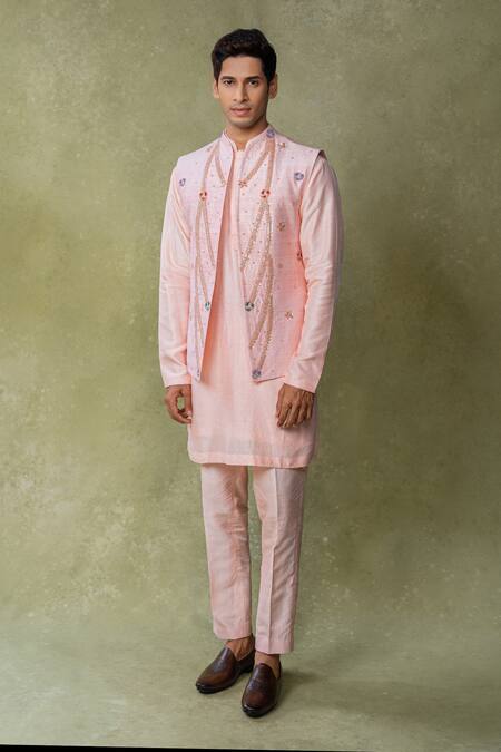 AMRIN KHAN_Peach Silk Beads, Embroidery Bundi Kurta Set _Online_at_Aza_Fashions