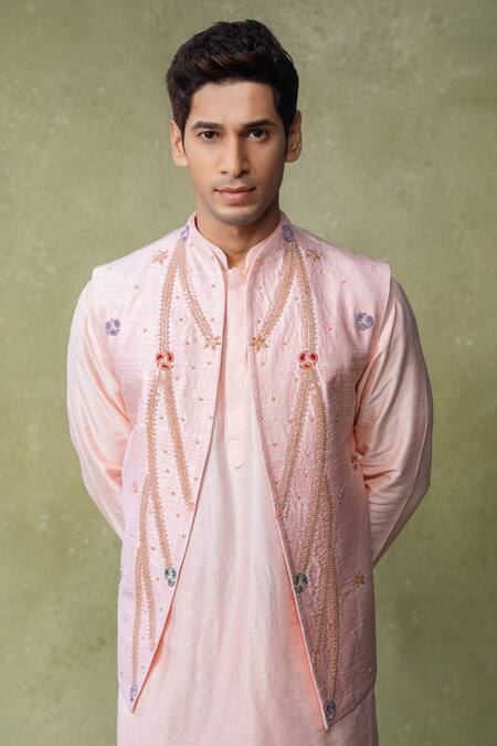 Buy_AMRIN KHAN_Peach Silk Beads, Embroidery Bundi Kurta Set _Online_at_Aza_Fashions