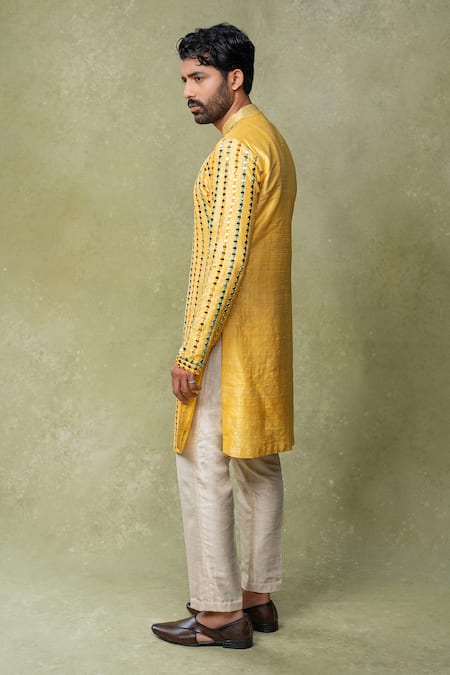 AMRIN KHAN Yellow Silk Mirrors, Metallic Thread Work Kurta And Pant Set Online at Aza Fashions AMRIN KHAN_Yellow Silk Mirrors, Metallic Thread Work Kurta And Pant Set _Online_at_Aza_Fashions