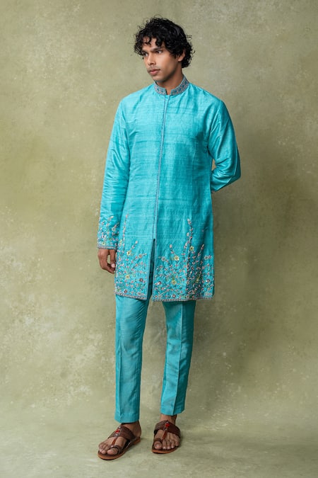 AMRIN KHAN_Green Silk Cut Work, Embroidery Cutdana Sherwani And Pant Set _Online_at_Aza_Fashions