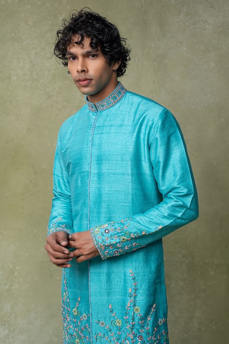 Buy_AMRIN KHAN_Green Silk Cut Work, Embroidery Cutdana Sherwani And Pant Set _Online_at_Aza_Fashions