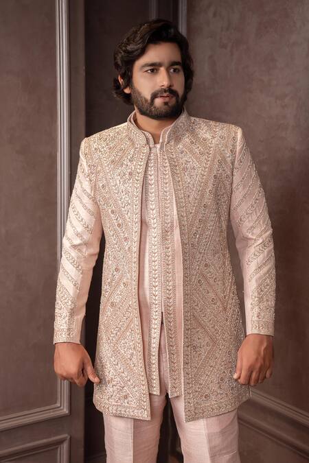 AMRIN KHAN_Peach Silk Sequins, Beads, Embroidery Cutdana Work Bandhgala Set _Online_at_Aza_Fashions