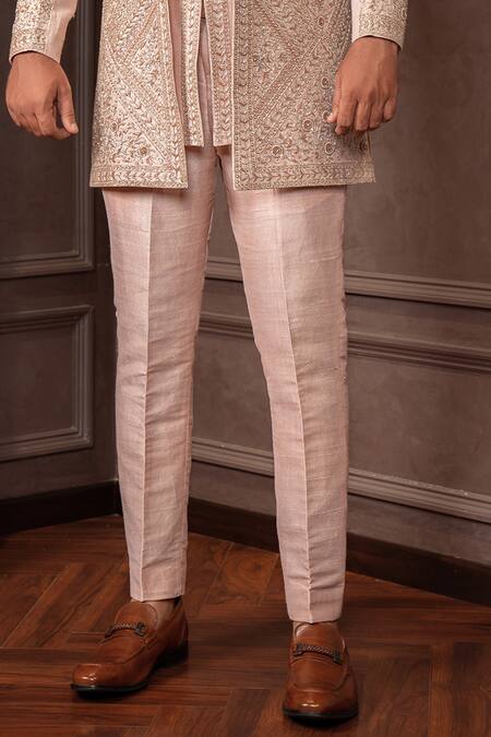 Buy_AMRIN KHAN_Peach Silk Sequins, Beads, Embroidery Cutdana Work Bandhgala Set _Online_at_Aza_Fashions