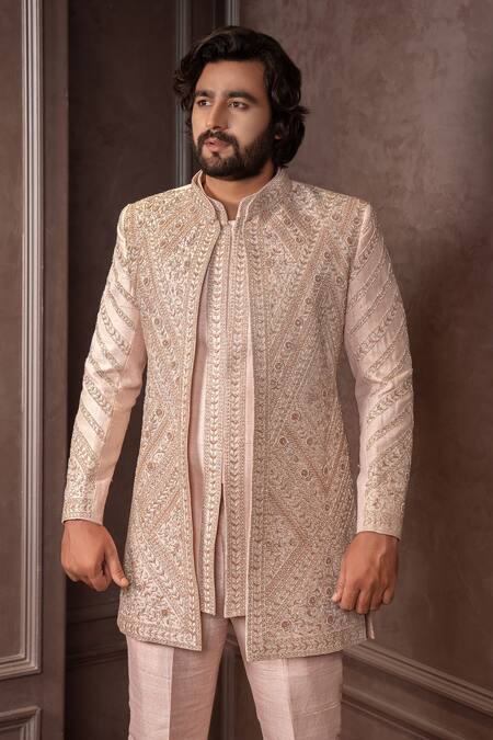 Shop_AMRIN KHAN_Peach Silk Sequins, Beads, Embroidery Cutdana Work Bandhgala Set _Online_at_Aza_Fashions