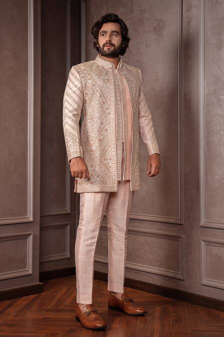 AMRIN KHAN_Peach Silk Sequins, Beads, Embroidery Cutdana Work Bandhgala Set _at_Aza_Fashions